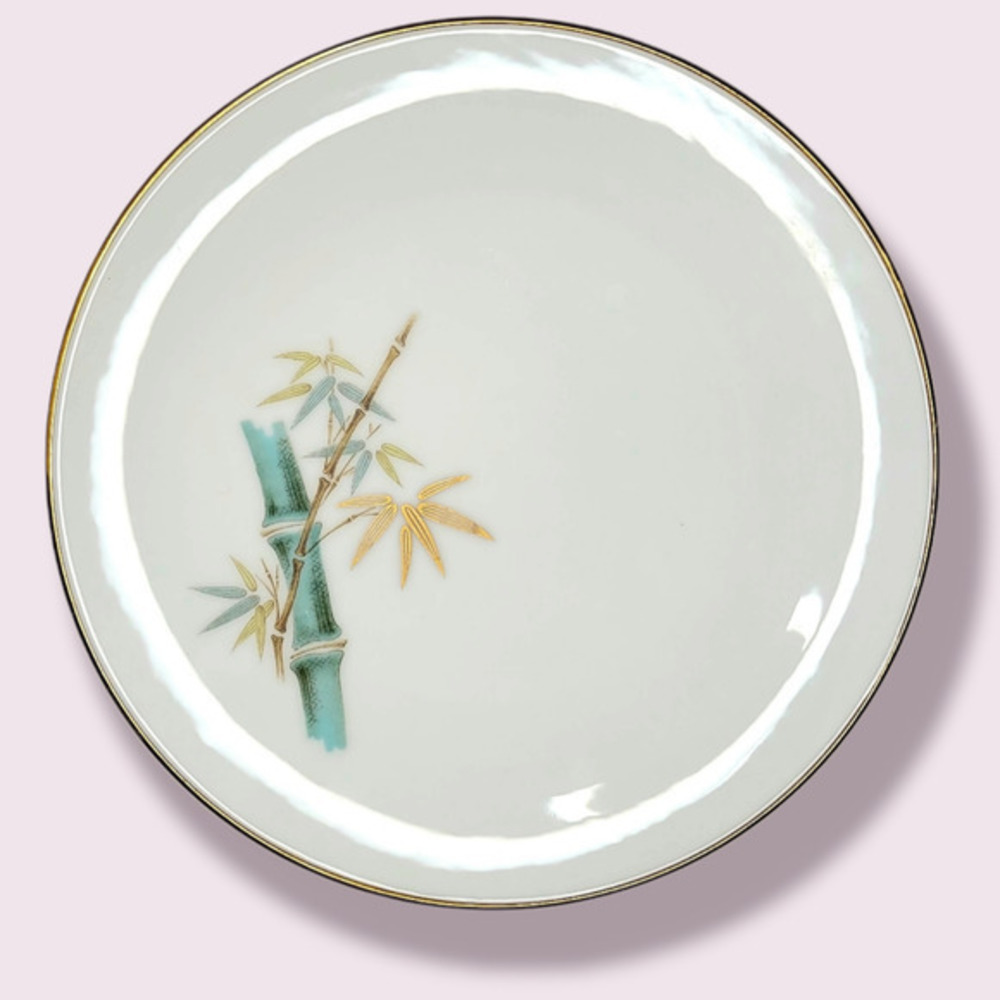 Vintage 2 Noritake Japan Oriental Pattern Bamboo Green and Gold Salad Plate 60s‎